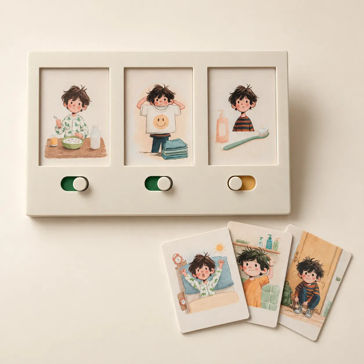 Tablero de tres espacios color hueso, mostrado con tarjetas de rutinas como referencia