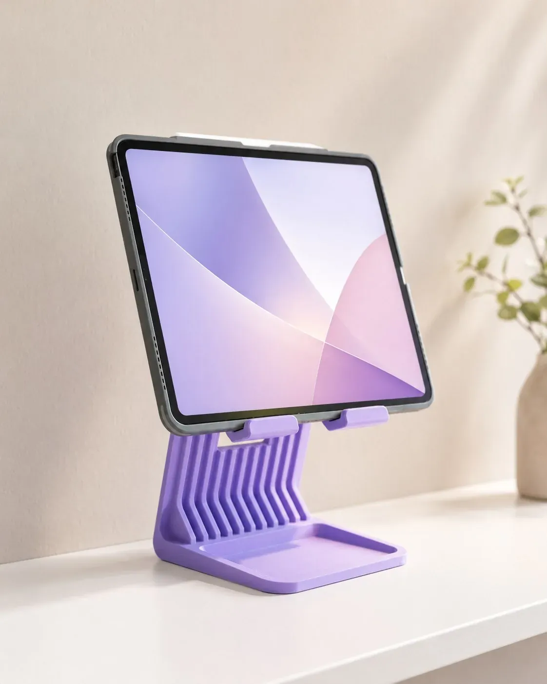 Tablet apoyada en el soporte plegable lila, sobre una mesa blanca junto a un florero