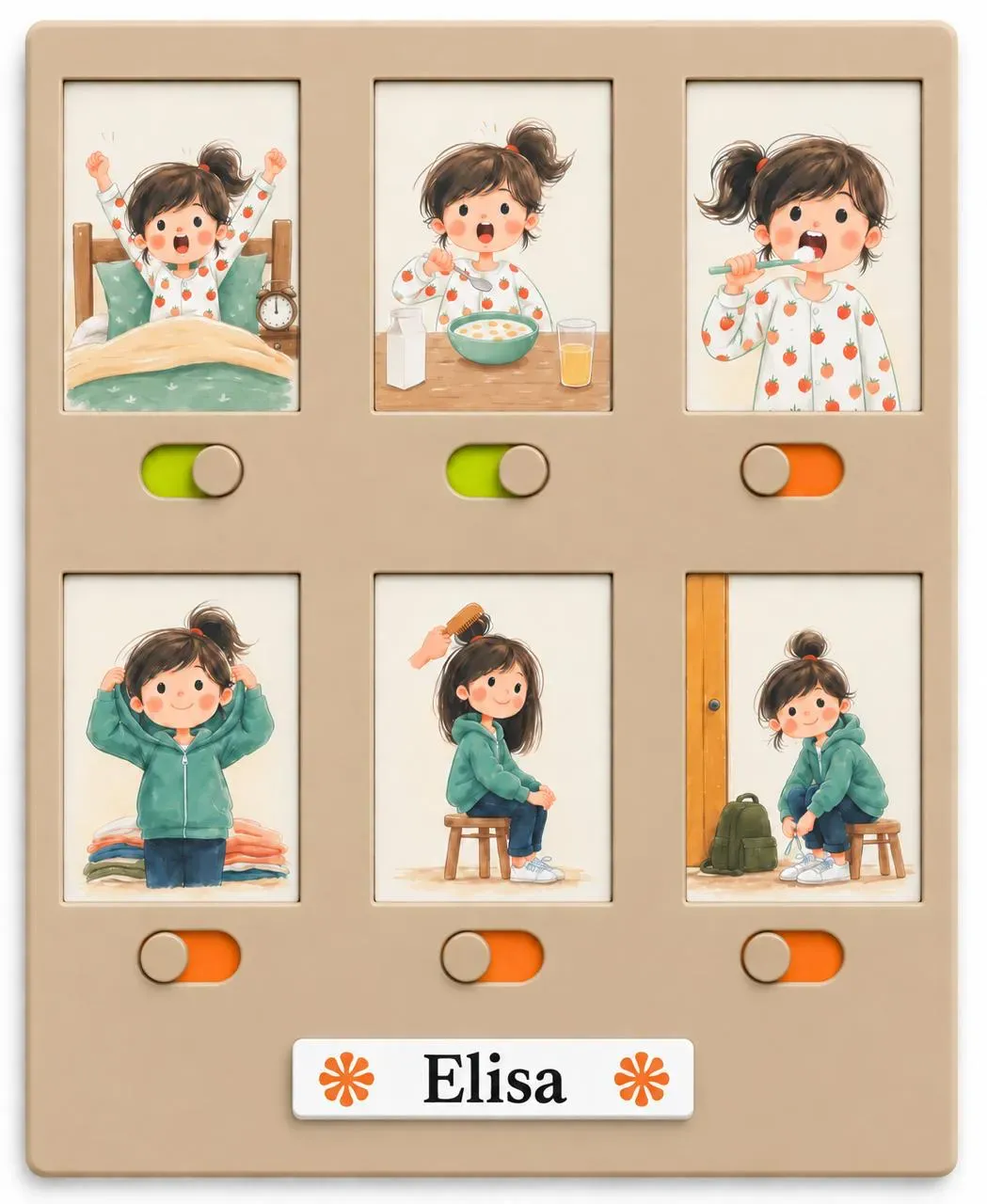 Tablero de rutinas mocha personalizado con el nombre Elisa y dos flores naranjas en la plaquita inferior