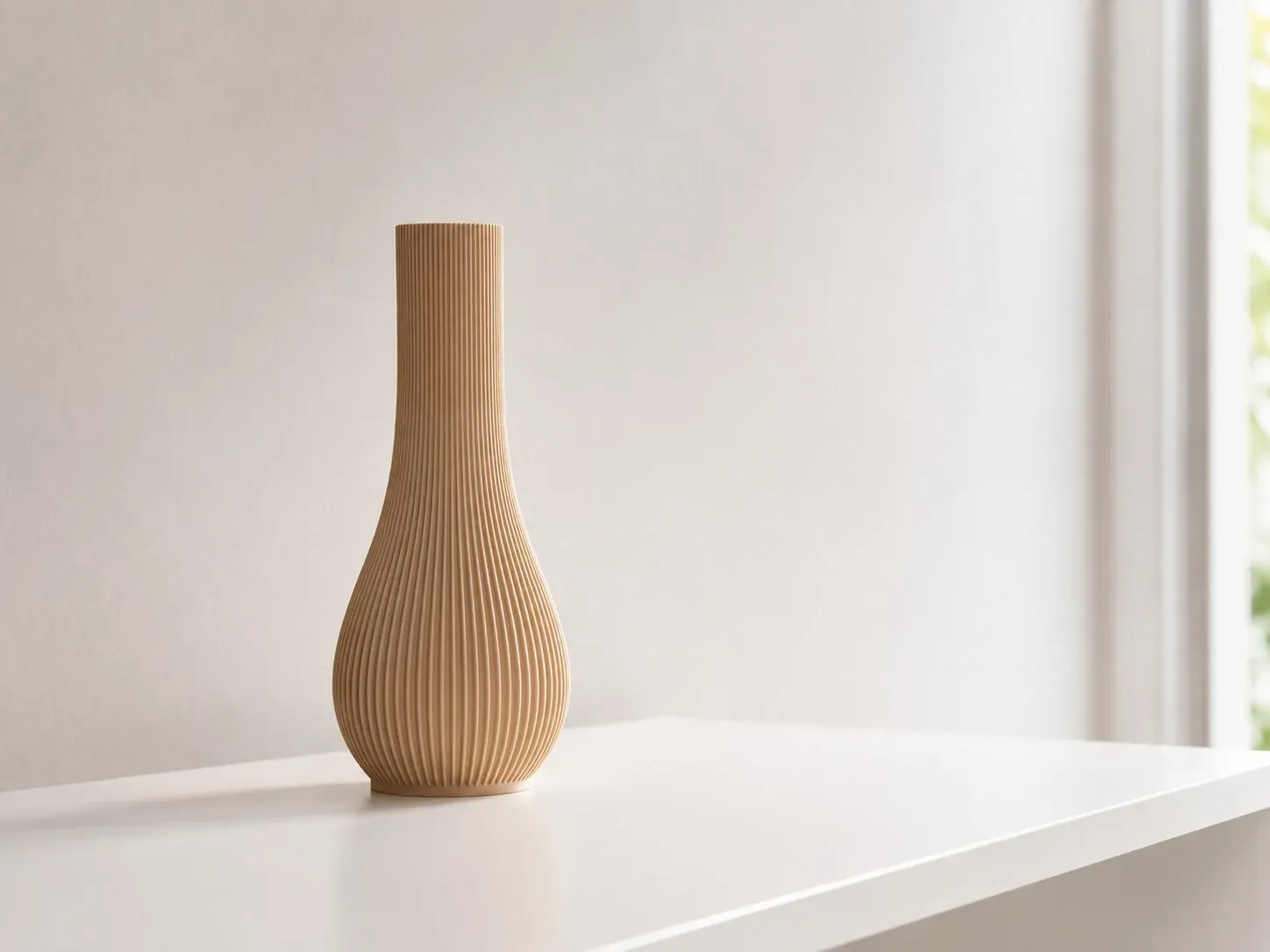 Florero Gota beige en luz suave sobre una mesa blanca