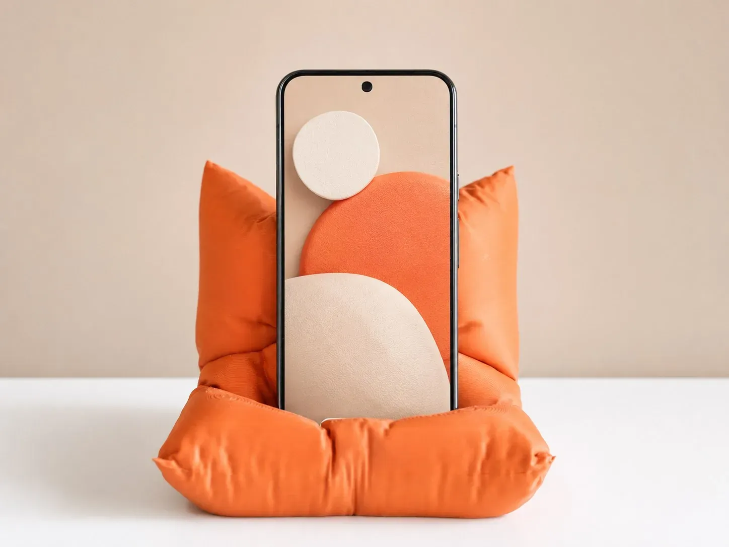 Celular de frente sostenido por el cojín soporte naranja
