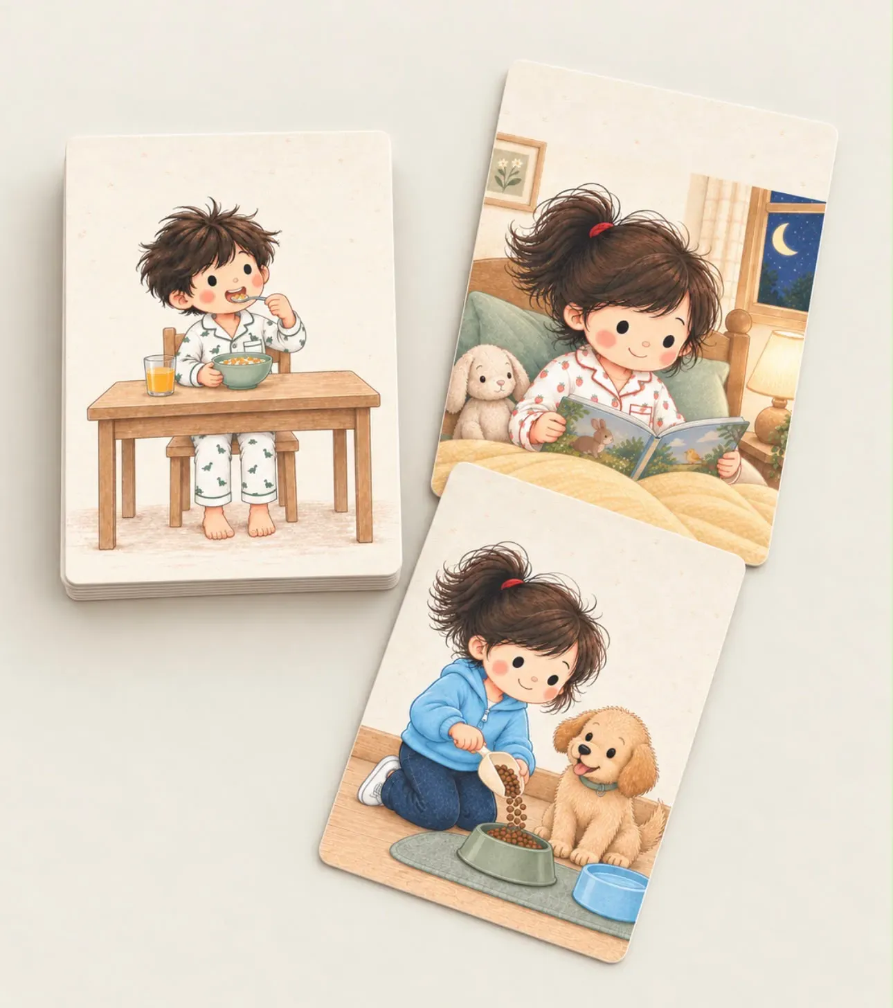 Mazo de tarjetas de rutina ilustradas con el mismo chiqui: desayunando, leyendo en la cama y sirviéndole al perro